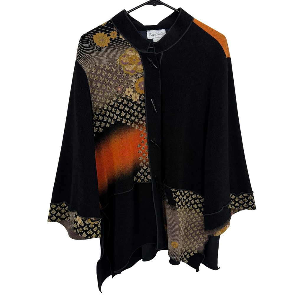 Paco Soler Jacket Women XL Black Oriental Floral Toggle Button Textured Crepe